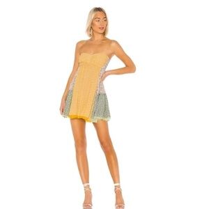 NWOT Free People Strapless Ruched Dress in Yellow and Green